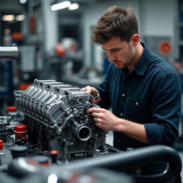 Meccanico specializzato che lavora con precisione su un motore V8 ad alte prestazioni